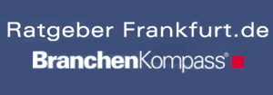 Logo von Ratgeber Frankfurt.de und BranchenKompass auf dunkelblauem Hintergrund – Onlineplattform für regionale Empfehlungen.